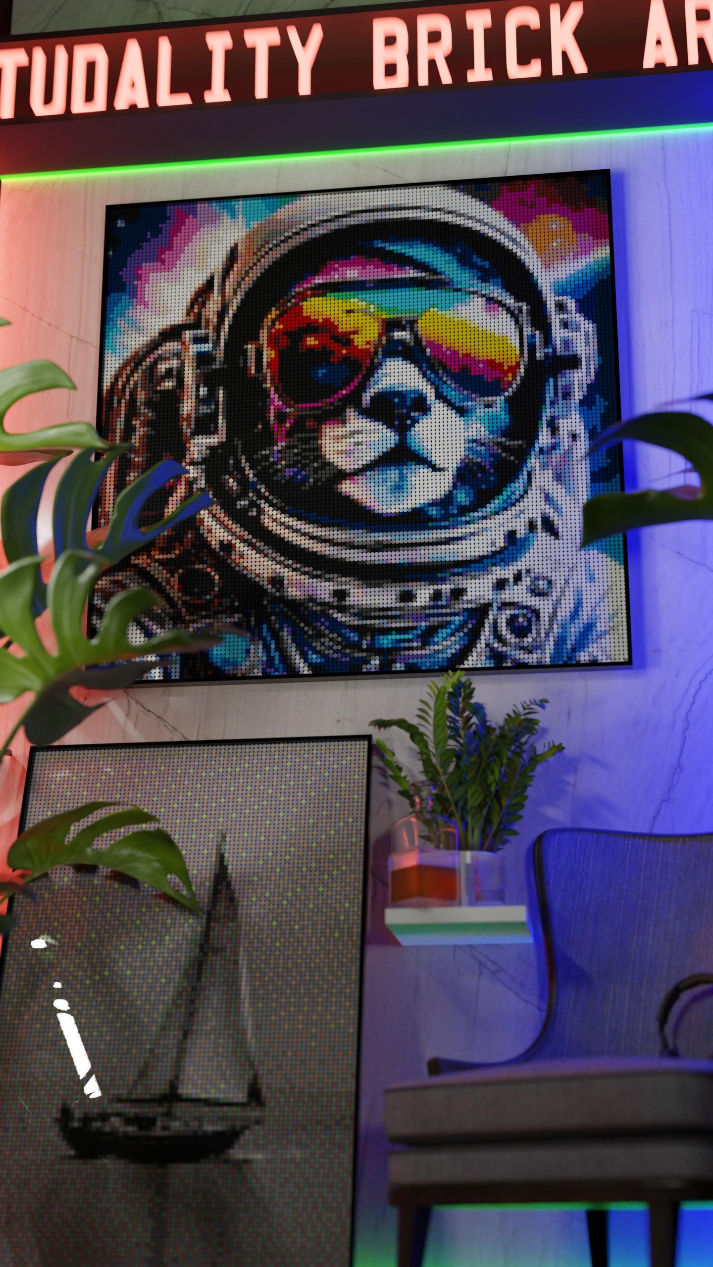 Purrsuit of Space LEGO® Style mosaic pixel art design for display